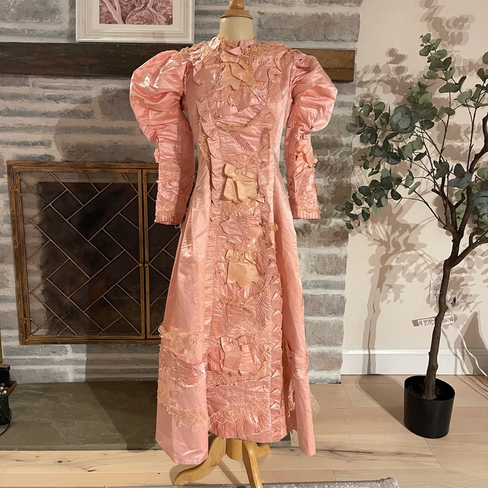 Authentic vintage 1890s pink silky handmade gown